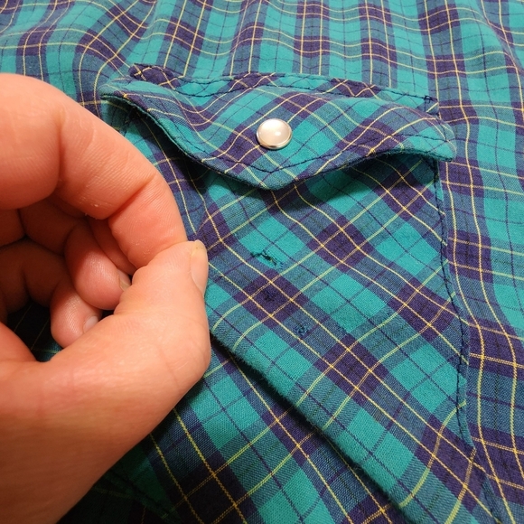 Wrangler‎ Men's Pearl Snap Plaid Western Shirt | 19x36 Tall | Teal, Blue, Yellow - Picture 3 of 6